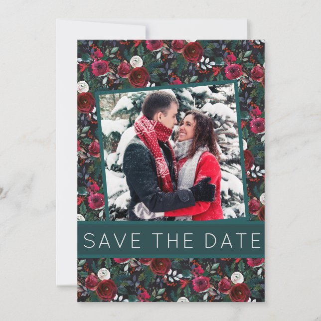Save The Date Peonies d'hiver Bourgogne verte Photo de Noël (Devant)
