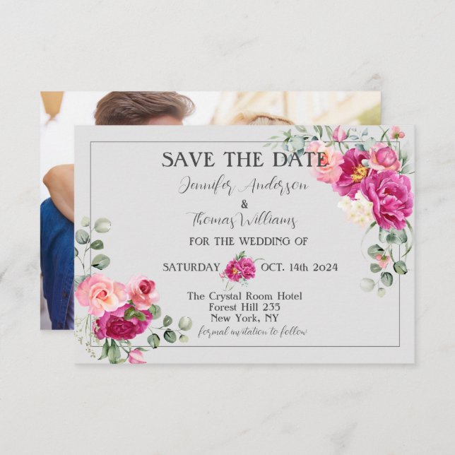 Save The Date Peony et verdure Rose Sauvez la date (Devant / Derrière)