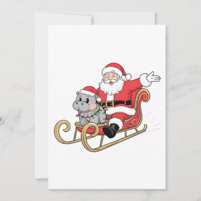 Save The Date Père Noël Riding Sleigh avec Moo Deng Baby Hippo (Devant)