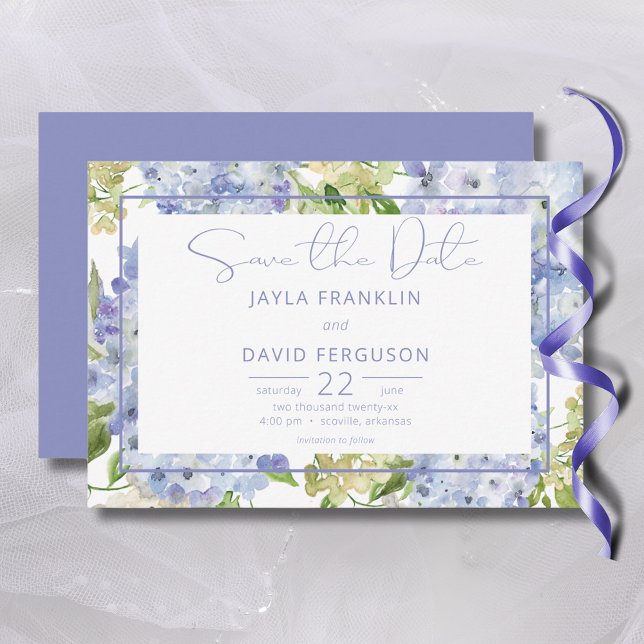 Save The Date Périwinkle bleu blanc Hydrangea Mariage (Periwinkle Blue White Hydrangea Wedding Save The Date)