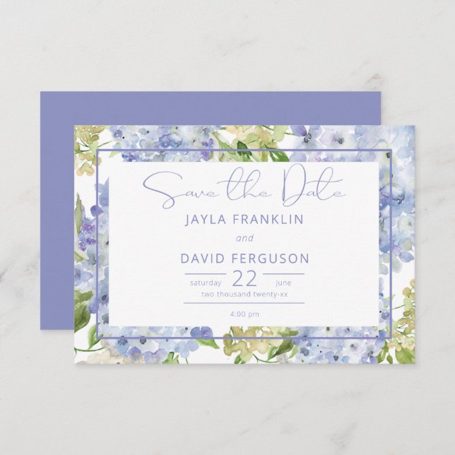 Save The Date Périwinkle bleu blanc Hydrangea Mariage (Devant / Derrière)