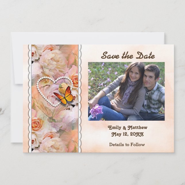 Save The Date Perles de coeur, Roses orange, papillons (Devant)