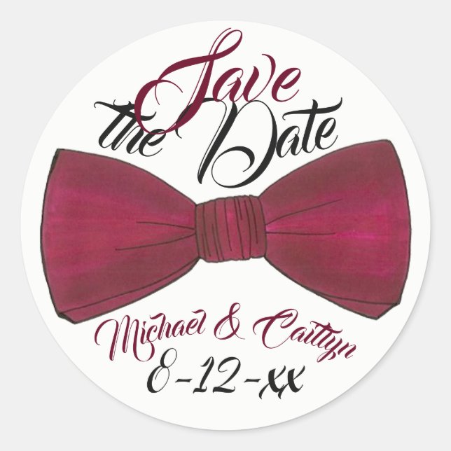 Save the Date Personalized Wedding Groom Bowtie Classic Round Sticker (Front)