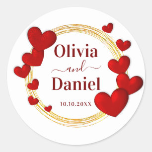 Save the Date, Personalized Wedding Red Hearts Classic Round Sticker