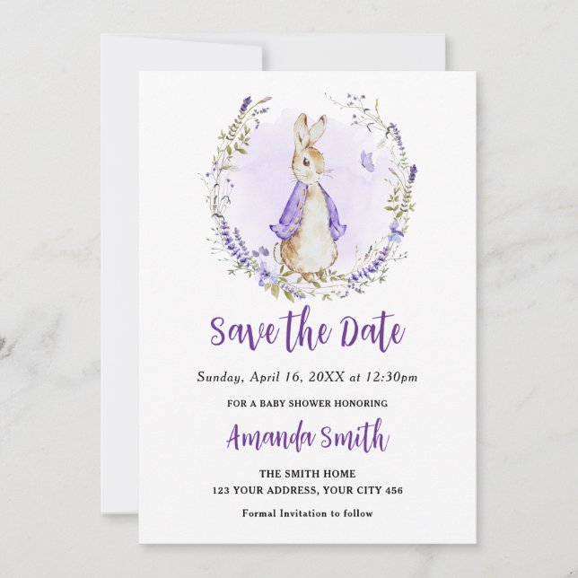 Save The Date Peter Rabbit Baby shower violet (Devant)