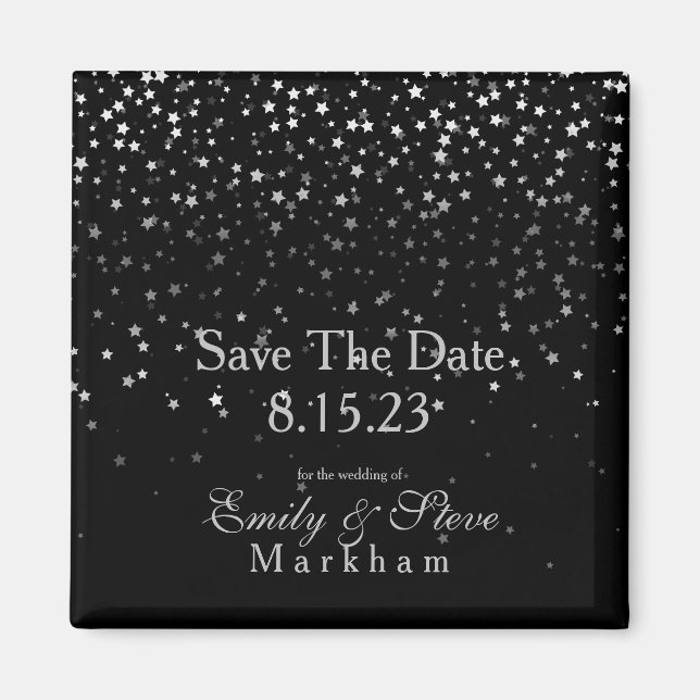 Save The Date Petite Silver Stars Magnet-Black Magnet (Front)