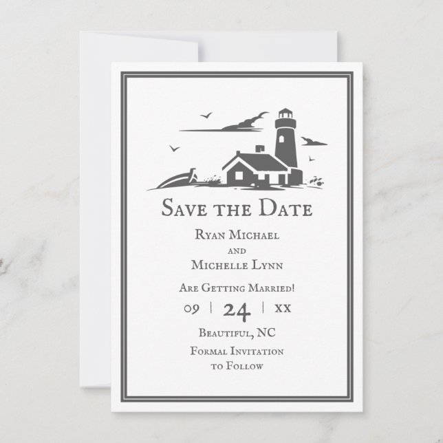 Save The Date Phare et bateau Nautique Plage de mer Mariage (Devant)