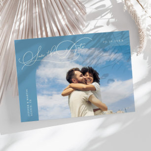 Save The Date Photo à encadrement courbe en denim bleu avec écri