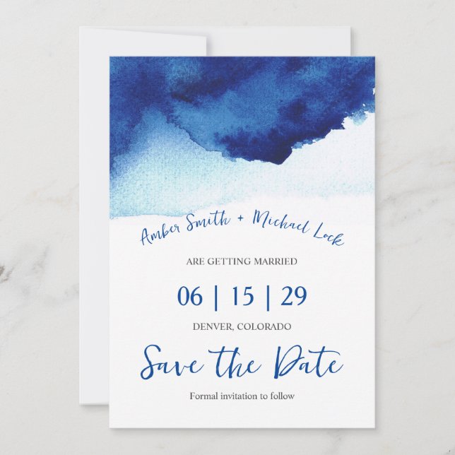 Save The Date Photo à l'aquarelle bleu indigo de style moderne (Devant)