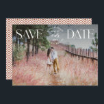 Save the Date Photo Announcement Fancy overlay<br><div class="desc">Share the news in style with these modern engagement announcements! The announcement features a white trendy lettering overlaying your horizontal engagement photo. Personalize the front of the announcement by adding your names and additional details. The card reverses to a elegant pattern.</div>