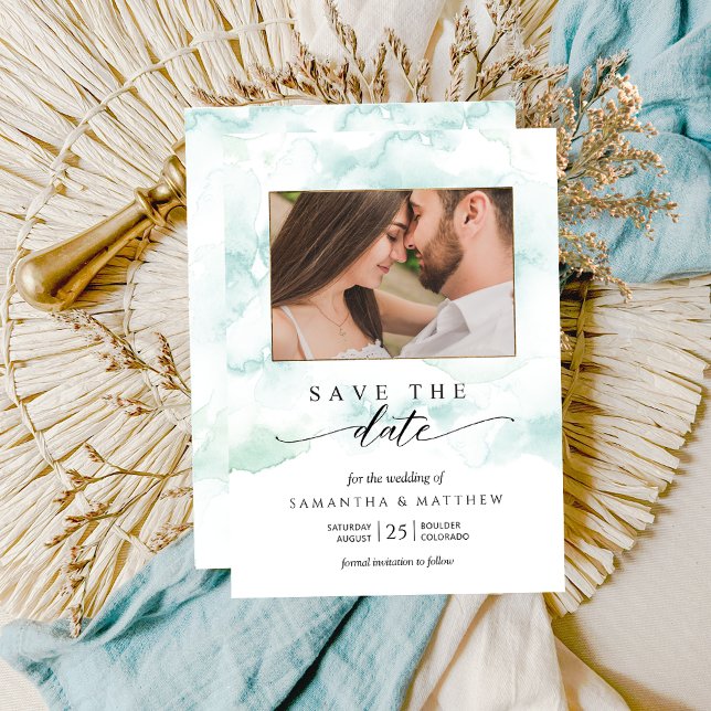 Save The Date Photo, Aquarelle bleu, turquoise et vert (Créateur téléchargé)