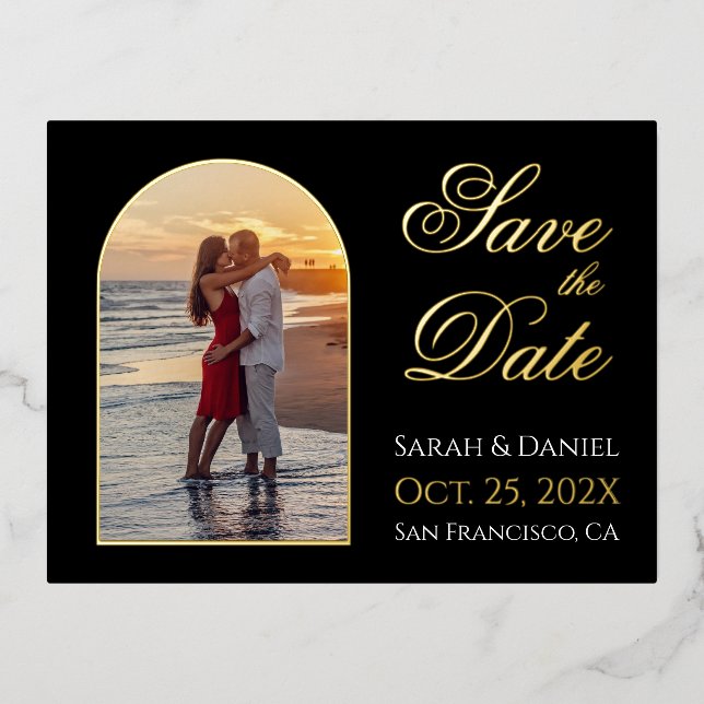 Save the Date Photo Arch Black Gold Elegant Script Foil Invitation Postcard (Front)