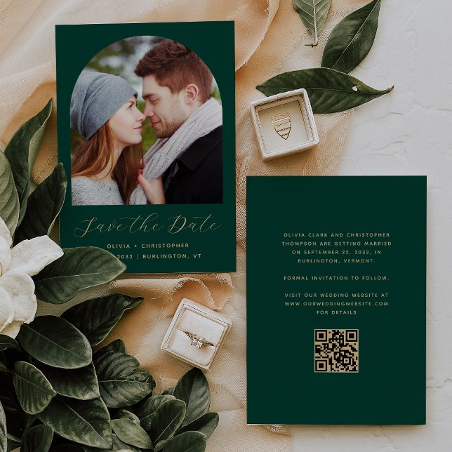 Save The Date Photo Arch QR Code Emerald Green Gold Script (Créateur téléchargé)