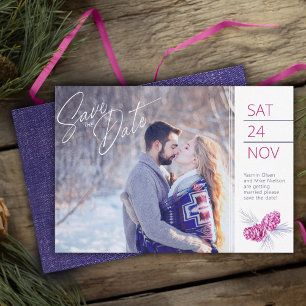 Save the date photo blue purple pine cone art