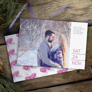 Save the date photo blue purple pine cone art