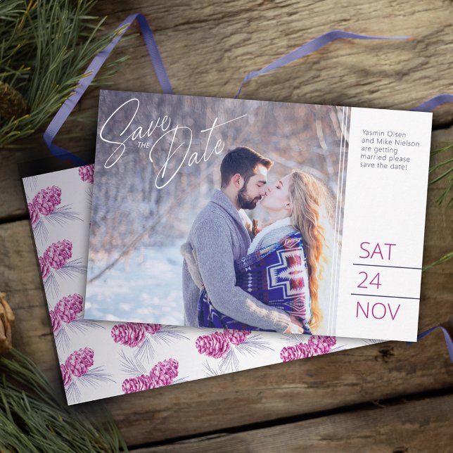 Save the date photo blue purple pine cone art (Creator Uploaded)