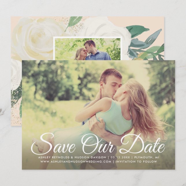 Save The Date Photo Blush Gold et Green Floral Mariage (Devant / Derrière)