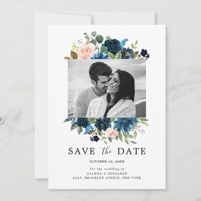 Save The Date Photo botanique bleu bleu rose pâle Marine (Devant)