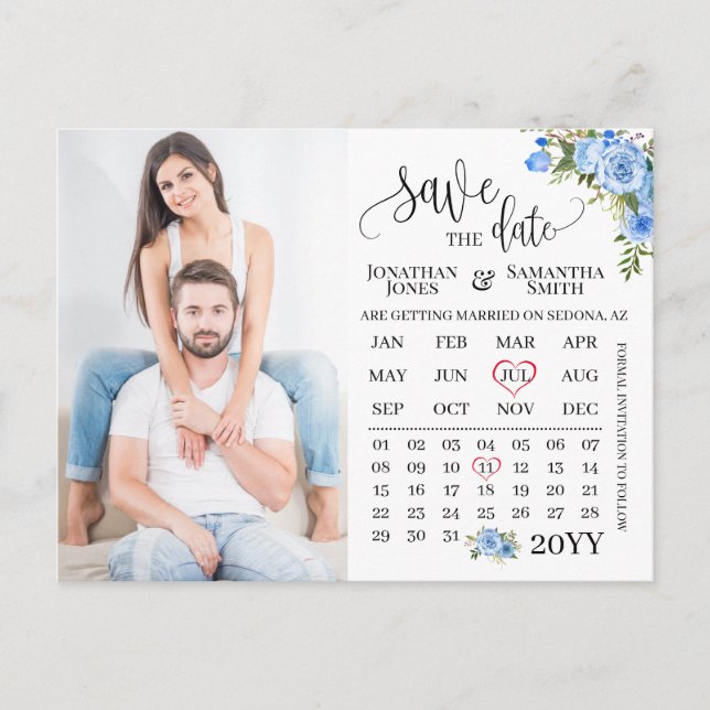 Save the Date Photo calendar Blue floral wedding Postcard (Front)