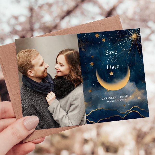 Save The Date Photo Celestial Midnight Blue Stars Moon Mariage (Créateur téléchargé)