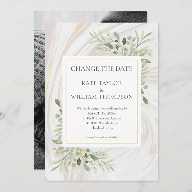 Save The Date Photo Changer la date Verdure Feuille Marble Swirl (Devant / Derrière)