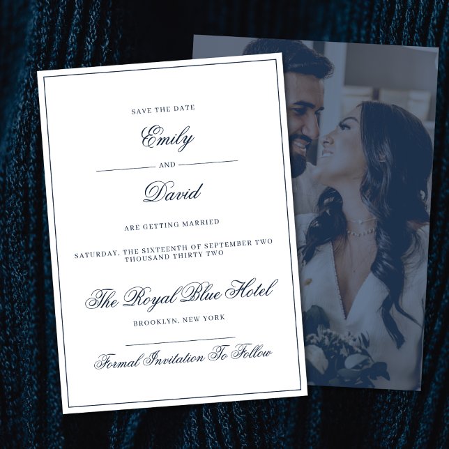 Save The Date Photo classique blanche et élégante marine (Créateur téléchargé)
