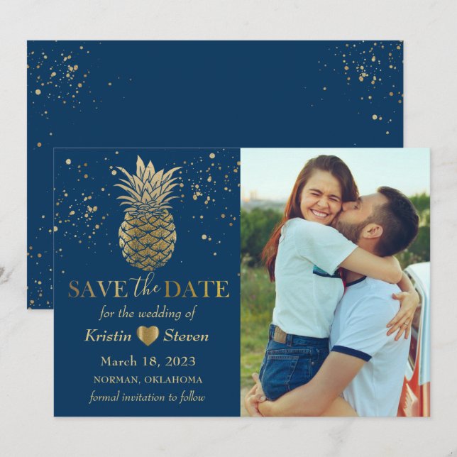 Save The Date Photo classique d'ananas bleu or (Devant / Derrière)