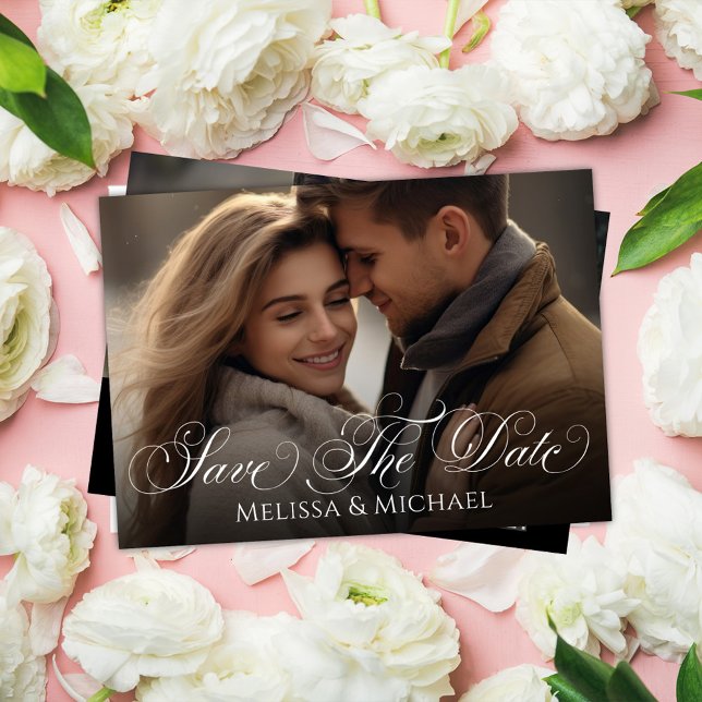 Save the Date Photo Classy Calligraphy Script (Elegant calligraphy script Save the Date photo card with a Scannable QR Code.)