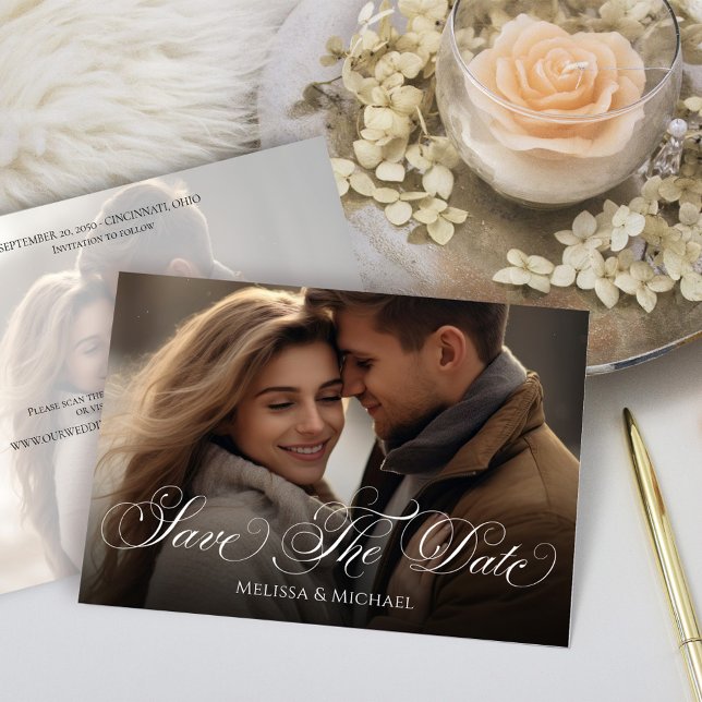Save the Date Photo Classy Calligraphy Script  (Elegant calligraphy script Save the Date photo card with a Scannable QR Code.)