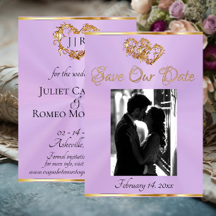 Save The Date Photo, Cœurs & Ruban - Lavande/Or Sauvez Les