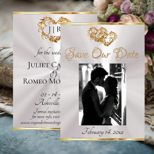 Save The Date Photo, Cœurs & Ruban - Perle Blanche/Or Sauvez Les