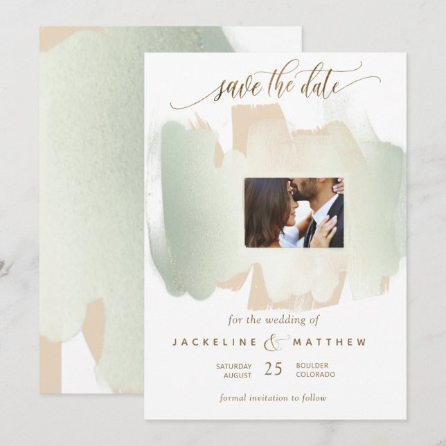 Save The Date Photo Cream, Sage Brush Strokes Minimal Mariage (Devant / Derrière)