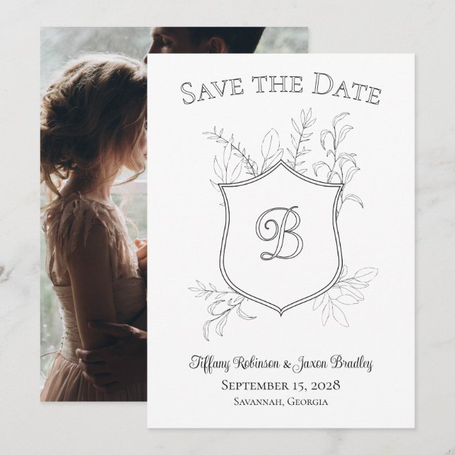 Save The Date Photo Crest Monogramme classique noir et blanc (Devant / Derrière)