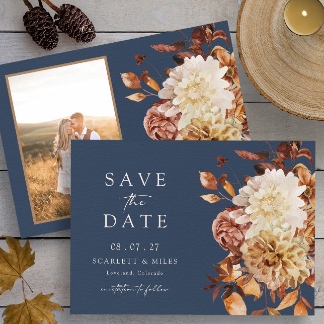 Save The Date Photo d'automne de la Marine (Watercolor Navy Blue Autumn Floral with Photo Save The Date by Painted Paperie
)