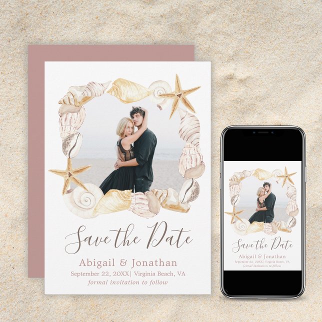 Save The Date Photo de coquillages de plage rose blush Élégant M (Créateur téléchargé)