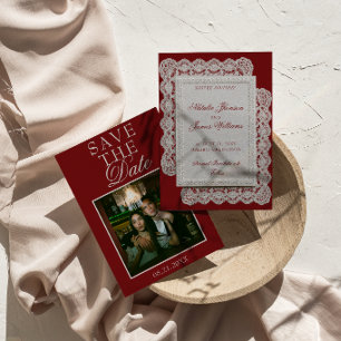 Save The Date Photo de dentelle vintage burgundy pour mariage él