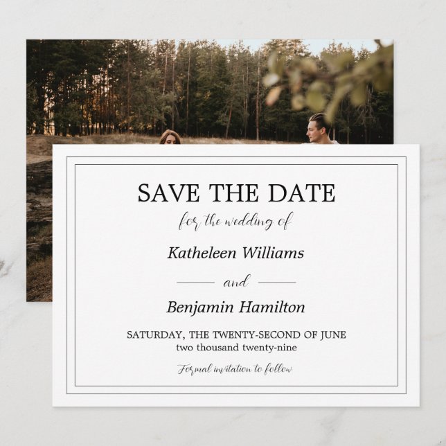 Save The Date Photo de dos noir et blanc Mariage Formel (Devant / Derrière)