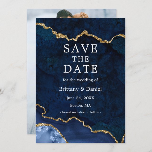 Save The Date Photo de géode d'agate de marbre à l'aquarelle ble (Devant / Derrière)