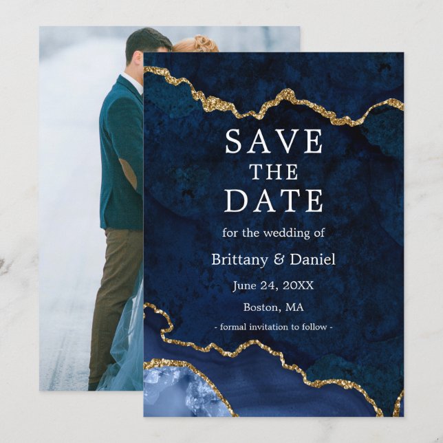 Save The Date Photo de géode d'agate de marbre bleu à l'aquarell (Devant / Derrière)