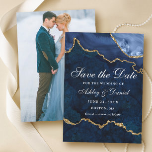 Save The Date Photo de géode d'agate marbrée bleu or aquarelle