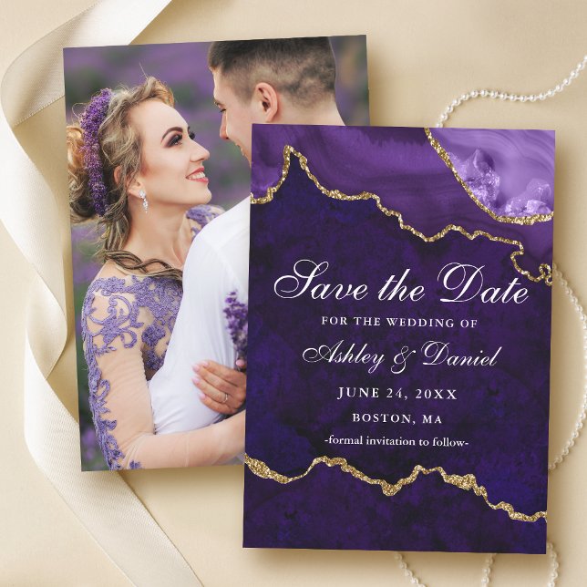 Save The Date Photo de géode d'agate marbrée or violet aquarelle (Customize to change text size or text style.)