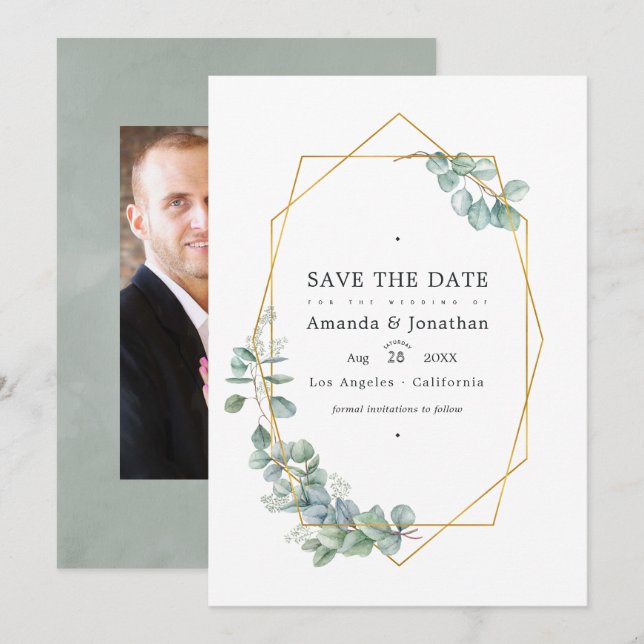 Save The Date Photo de mariage à l'aquarelle Forêt Eucalyptus (Devant / Derrière)