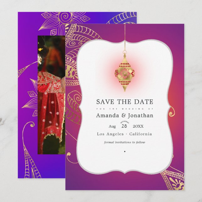 Save The Date Photo de mariage arabe Bollywood en feuille d'or (Devant / Derrière)
