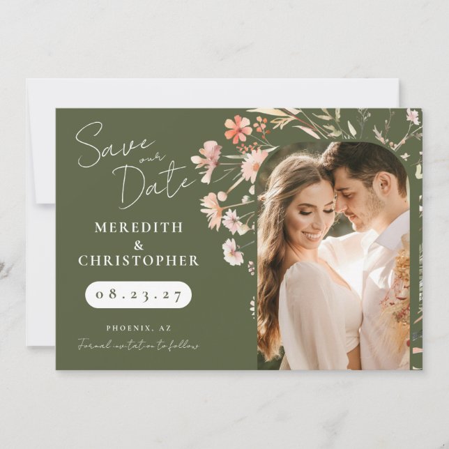 Save The Date Photo de mariage aux fleurs sauvages bohème vertes (Devant)