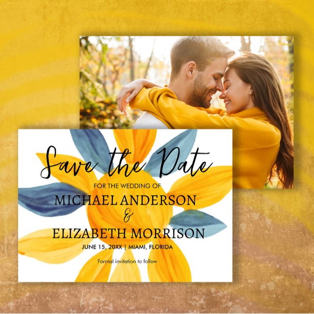 Save The Date Photo de mariage bleu jaune unique Enregistrer la  (Yellow and blue watercolor wedding photo Save the Date)