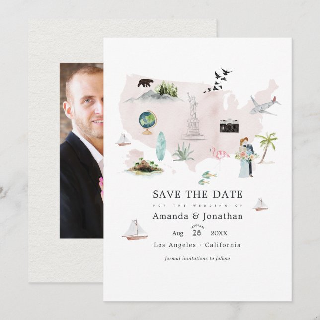 Save The Date Photo de mariage de destination Floride aquarelle  (Devant / Derrière)