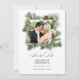 Save The Date Photo de mariage de Noël aux pins élégants d'hiver
