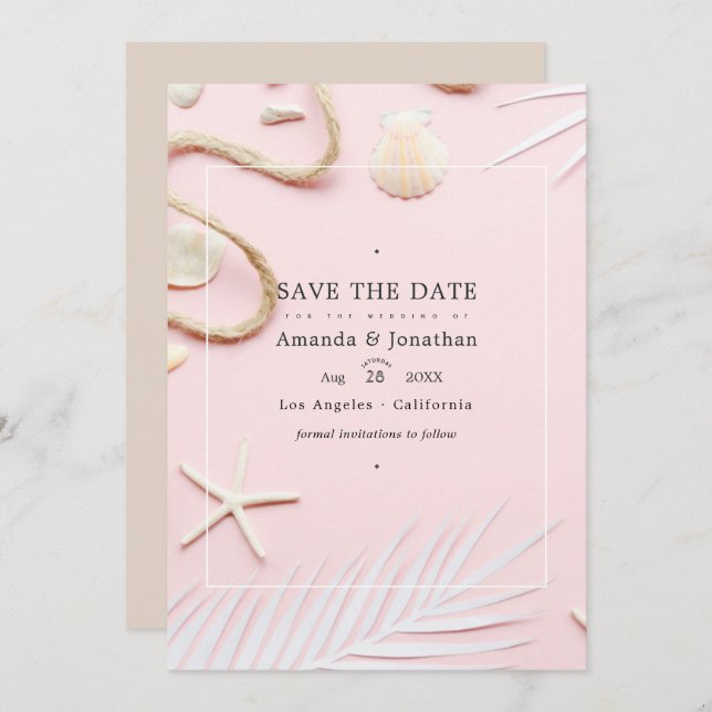 Save The Date Photo de mariage de plage rose fardée (Devant / Derrière)