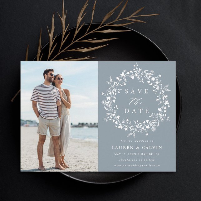 Save The Date Photo de mariage élégant boho bleu poussiéreux à f (Créateur téléchargé)