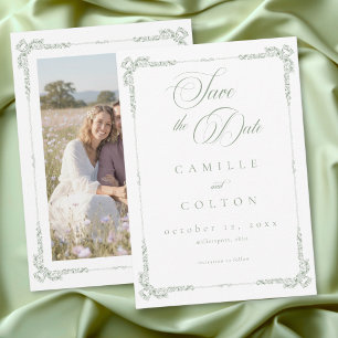 Save The Date Photo de mariage élégant vintage baroque vert saug